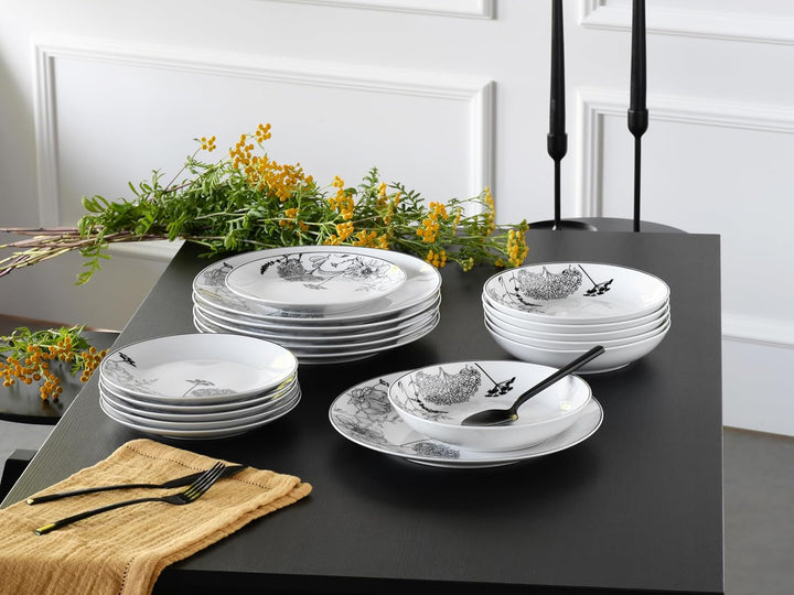 Creatable, 22673, Serie Luna Black Flower, 18-Teiliges Geschirrset Für 6 Personen, Teller Set Aus Porzellan, Spülmaschinen- Und Mikrowellengeeignet, Qualitätsproduktion Seturi vesela masa Naty Shop