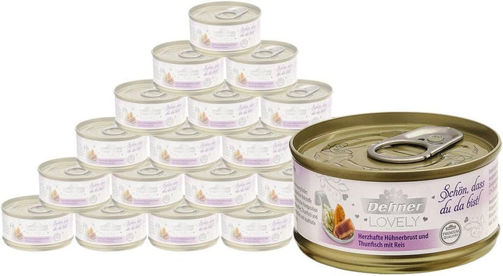 Dehner Premium Lovely Cat Food, hrană umedă fără gluten, pentru pisici adulte, ton / orez, 24 X 70 G Tin (1.68 Kg)