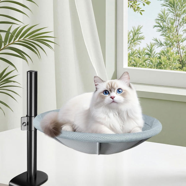 Pat pentru pisici pentru birou, pat pentru pisici rotativ la 360°, înălțime reglabilă, fără găurire, pat pentru pisici cu două perne pentru animale de companie, pentru pisici/câini mici, până la 60 lb