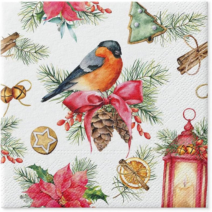 PAW - Șervețele 3 straturi (33 X 33 Cm) I 20 bucăți I Șervețele de hârtie colorate perfecte pentru masa de Crăciun I Șervețele - Crăciun, iarnă, ciulin, lampă I Bullfinch cu lampion
