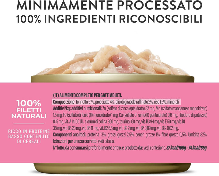 , Ton cu jeleu de șuncă, Hrană umedă completă pentru pisici, Cu adaos de vitamine, 100% naturală, 6 cutii a 85 G