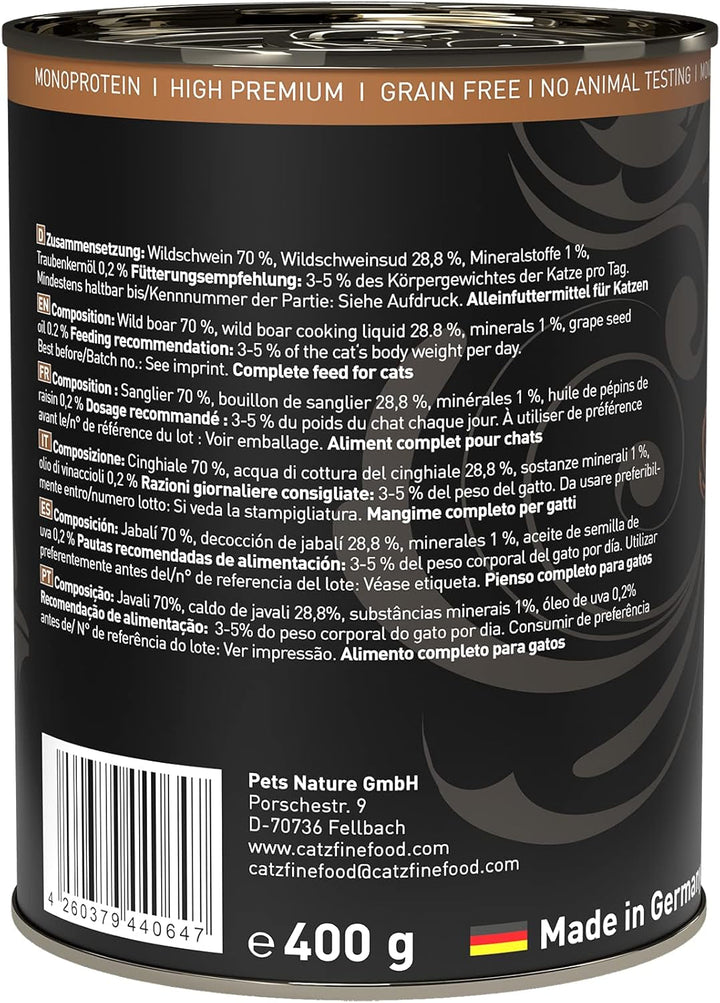 Catz Finefood Purrrrr Wild Boar Monoprotein Cat Food Wet N° 109, Pentru pisici sensibile din punct de vedere nutrițional, 70% carne, cutie 6 X 400G