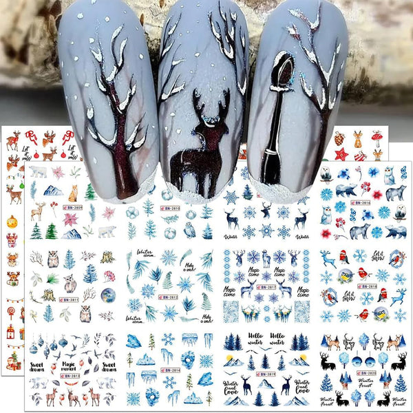 Autocolante 3D pentru unghii de Crăciun, autoadezive, cu transfer de apă, brad de Crăciun, fulg de nea, elan, pinguin, artă pentru unghii de Crăciun, design pentru unghii de iarnă, autocolante de Crăciun, accesorii pentru unghii