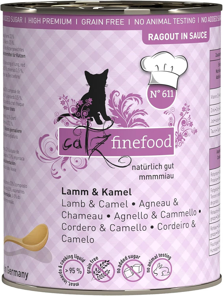 Catz Finefood Ragout N° 605 Salmon & Duck Cat Food Wet - hrană umedă delicatessen pentru pisici în sos fără cereale și zahăr cu conținut ridicat de carne, cutie 6 X 190 G