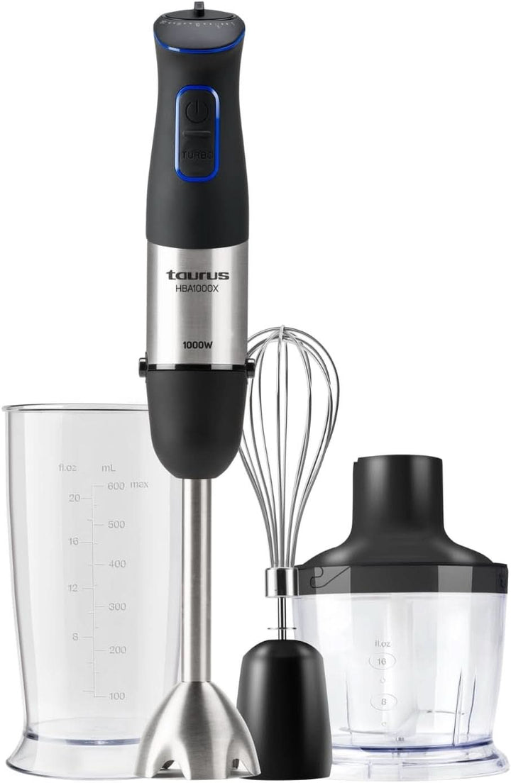 Taurus Stabmixer 1000W | 20 Geschwindigkeitsstufen | Turbo-Funktion | 4 Edelstahlklingen | Ergonomisches Soft-Touch-Design | Spritzschutz | Zubehör | Edelstahl | Elektrisch |Kunststoff, Silber/Schwarz Mama si Copilul Naty Shop 1000W | 3 Zubehör