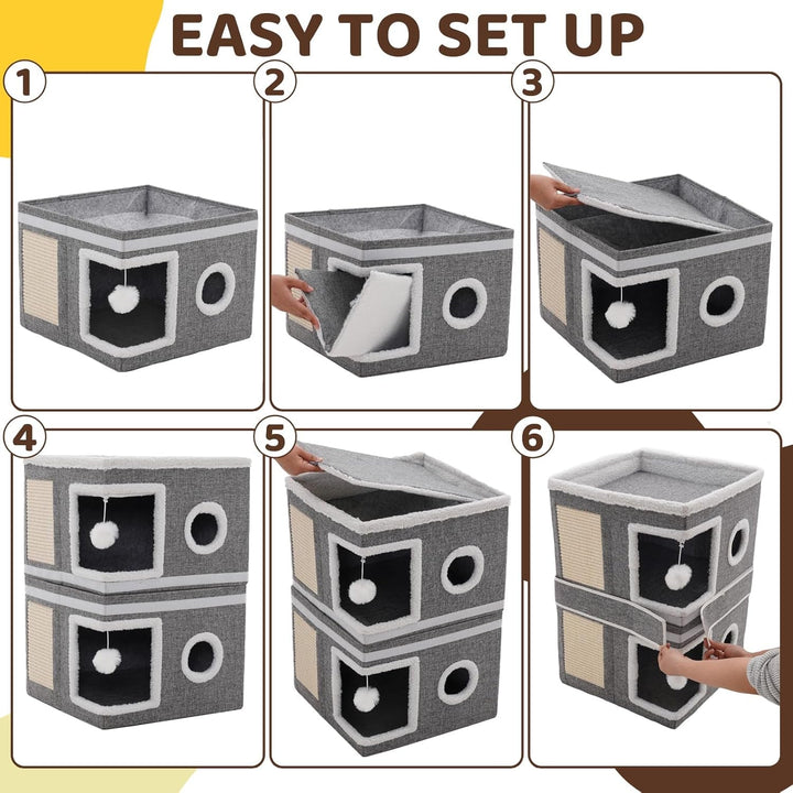 Căsuță pentru pisici de interior, Peșteră pentru pisici multiple, Căsuță pliabilă pentru pisici cu zgârietură, Minge de joacă, Căsuță cubică cu trei etaje, Gri 40 x 40 x 63 cm