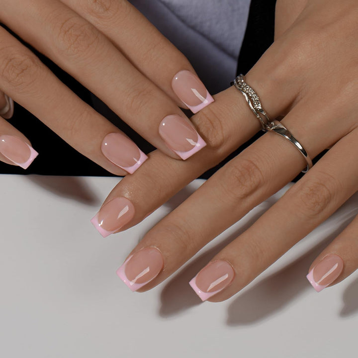 Unghii false cu vârf francez scurt – 30 de bucăți de unghii negre pentru a le lipi pe unghii scurte pătrate, unghii false cu vârf francez cu lipici, set unghii artificiale pătrate pentru femei