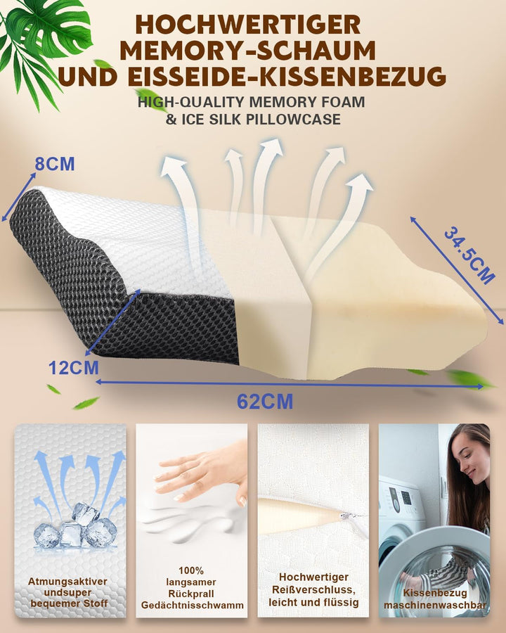 Pernă pentru dureri de gât, pernă ergonomică ortopedică pentru gât, pernă din spumă de memorie pentru părți, spate și abdomen, pernă anti-sforăit pentru bărbați femei (62 * 34.5 * 12/8CM) Perne ortopedice cervicale Naty Shop