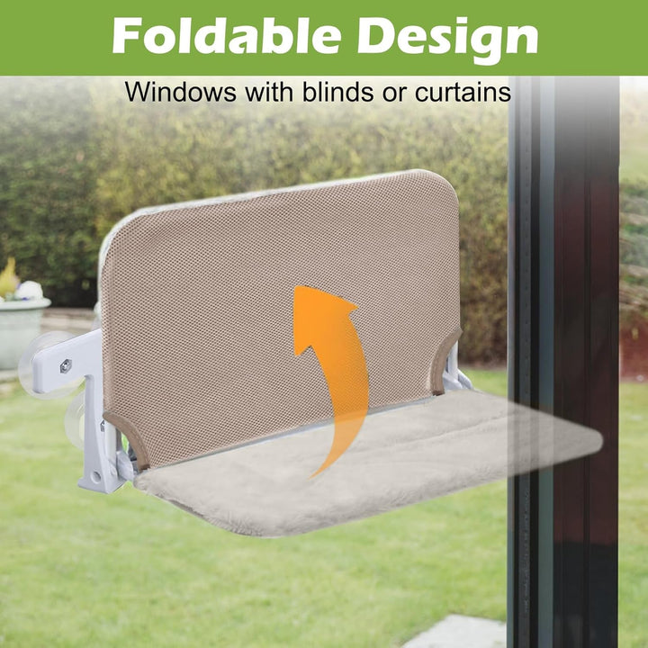 Hamac pentru pisici cu fereastră 52 x 30 cm, pat pentru pisici cu fereastră, covoraș reversibil, pat pliabil cu fereastră și ventuze stabile, până la 18 kg (bej cu puf, 52 x 30 cm)