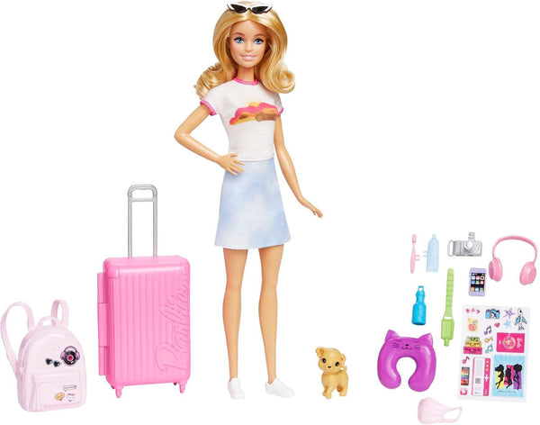 Păpușă Barbie, Travel Barbie cu păr blond, 10+ accesorii de călătorie, autocolante, valiză, cățeluș, incl. 1 păpușă, cadou pentru copii, jucărie de la 3 ani,Hjy18 Papusi Naty Shop Singur Barbie Malibu