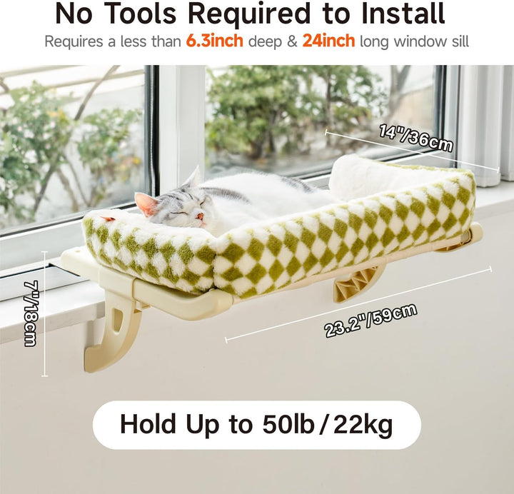 MEWOOFUN Hamac pentru Pisici, Pat pentru Pisici, Pervaz pentru Pisici - 50 x 36 cm, Pat pentru Pisici Încălzit, Hamac cu Pat Moale, Ventuză Detașabilă, Capacitate 18 kg (Gree L - cu Covoraș)