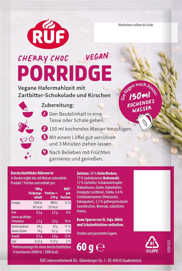Veganes Porridge Oat Cherry Choc, Oatmal Mit Zartbitter-Schokolade & Kirschen, Einfache Zubereitung, Im Praktischen Portionsbeutel, 1 X 60 G (Packung Mit 3) Cereale Naty Shop