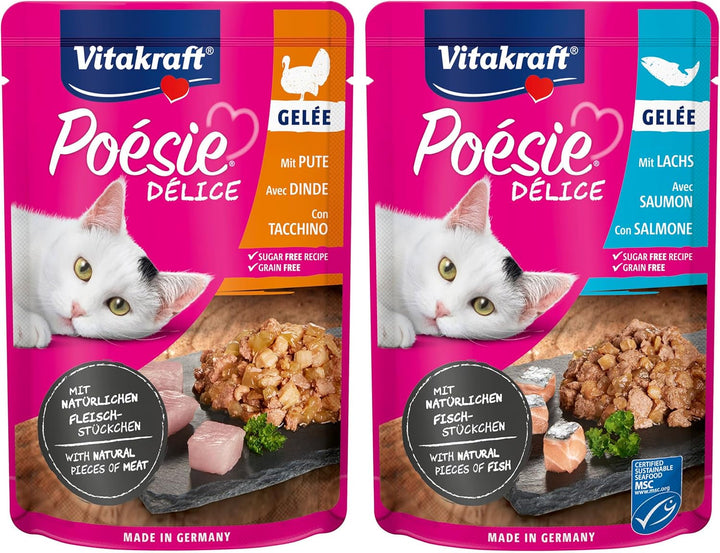 Vitakraft Poésie Délice, Meat and Fish Selection, hrană umedă pentru pisici, hrană umedă pentru pisici Jelly, cu piept de curcan, cu somon, fără zahăr și cereale adăugate (1 pachet cu 6X 85G)