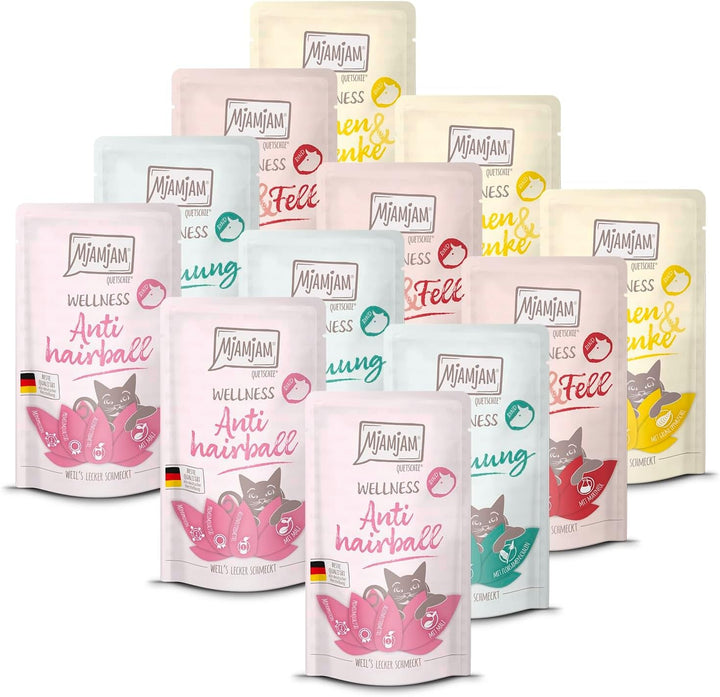 Mjamjam - Hrană umedă premium pentru pisici - Wellness - Digestion - Beef, pachet de 12 (12 X 125G), fără cereale
