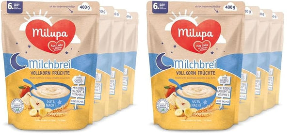 Milupa Milk Porridge Wholemeal Fruits - Terci pentru copii fără ulei de palmier, de la 6 luni - 4 X 400 G (pachet de 2) Mama si Copilul Naty Shop Default Title
