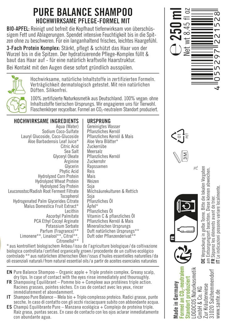 SANTE Naturkosmetik Pure Balance, șampon, hidratează intensiv părul uscat, 250 ml Duș și baie Naty Shop