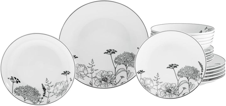 Creatable, 22673, Serie Luna Black Flower, 18-Teiliges Geschirrset Für 6 Personen, Teller Set Aus Porzellan, Spülmaschinen- Und Mikrowellengeeignet, Qualitätsproduktion Seturi vesela masa Naty Shop Default Title