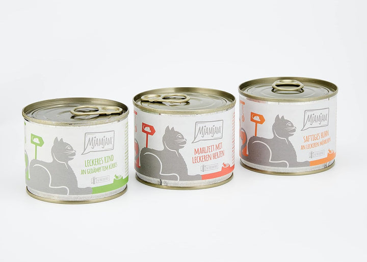 Mjamjam - Hrană umedă premium pentru pisici - Mixpack I - pui, vită, inimi, pachet de 6 (6 X 200 G), fără cereale cu extra carne