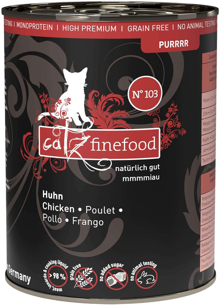 Catz Finefood Purrrr N° 103 Hrană umedă pentru pisici cu pui - Hrană umedă gourmet pentru pisica dvs. fără zahăr și cereale, fără gluten și monoproteică cu conținut ridicat de carne (24 X 85G Bag)