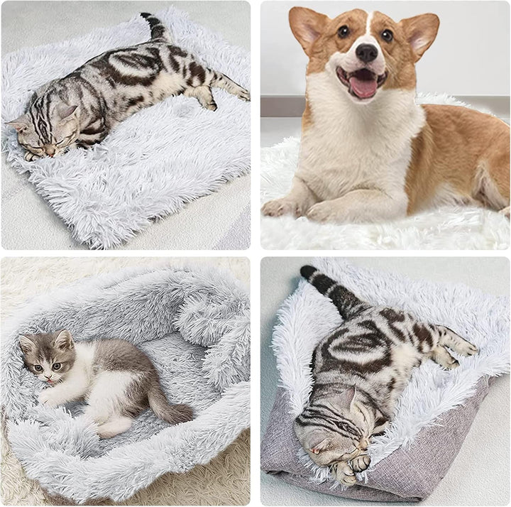 Pat pentru pisici 2 în 1 pernă pufoasă pentru pisici, pernă moale de pluș pentru pisici, loc de dormit lavabil, canapea pentru pisici, pat pentru animale de companie, pat pentru câini, pătură pentru pisici și câini mici (gri)