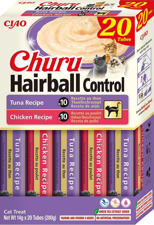 INABA Churu Hairball Control anti Hairball Tratamente premium pentru pisici cu taurină și fibre, pui și ton 20 X 14 G | Fără cereale, fără zahăr, fără subproduse, anti hairball cat