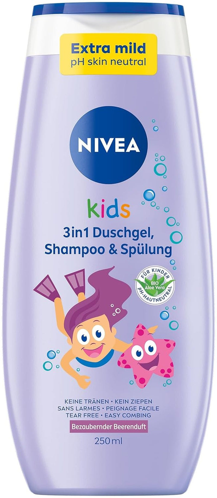 Gel de duș, șampon și balsam NIVEA KIDS 3in1, îngrijire și curățare pentru copii cu un parfum magic de mere, extra blând, îngrijire fără săpun pentru păr și piele pentru copii (250 ml) Copii - Baie si Skincare Naty Shop 250ml