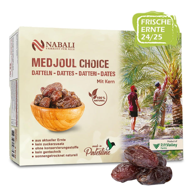 NABALI FAIRKOST FOR ALL Medjoul - Medjool Dates Choice I - 100% natural aromat proaspăt oriental moale I dulce ca mierea și caramelizat I Origine: Palestina I (1x1KG) Produse deshidratate Naty Shop 1 kg (1 pachet)