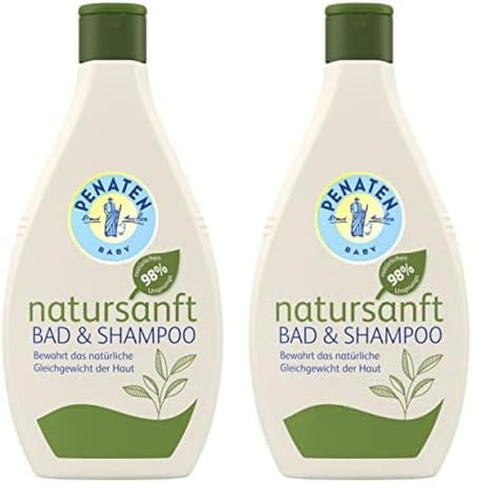 PENATEN baie și șampon (400 ml), baie și șampon blând pentru bebeluși formulat fără parabeni și coloranți, gel de duș și șampon pentru păr special dezvoltat pentru nou-născuți pentru pielea delicată a bebelușului Copii - Baie si Skincare Naty Shop 395 Ml (pachet de 2) Șampon
