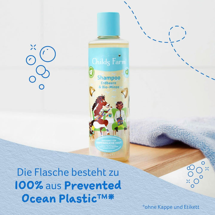 Șampon pentru copii Childs Farm 250 ml | Căpșuni și mentă organică | Toate tipurile de păr | Demontează și hrănește | Potrivit pentru pielea uscată, sensibilă și predispusă la neurodermatită Copii - Baie si Skincare Naty Shop