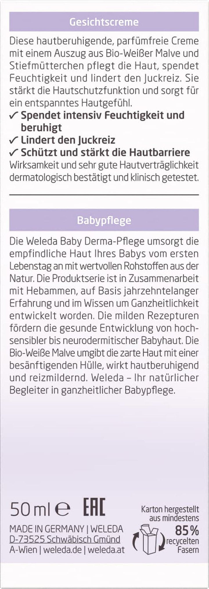 WELEDA Organic Baby Derma White Mallow Face Cream, cremă hidratantă pentru pielea foarte sensibilă și neurodermitică, cosmetice naturale pentru îngrijire intensivă și ameliorarea mâncărimii (1 x 50 ml) Copii - Baie si Skincare Naty Shop