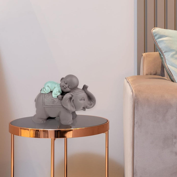 Zen'Light Statue Buddha Bonze Sleeping on Elephant - Atmosferă Zen în spațiul tău sacru - frumoasă figură de bun augur -H 9.5 cm, Brown & Green Statuete si sculpturi Naty Shop